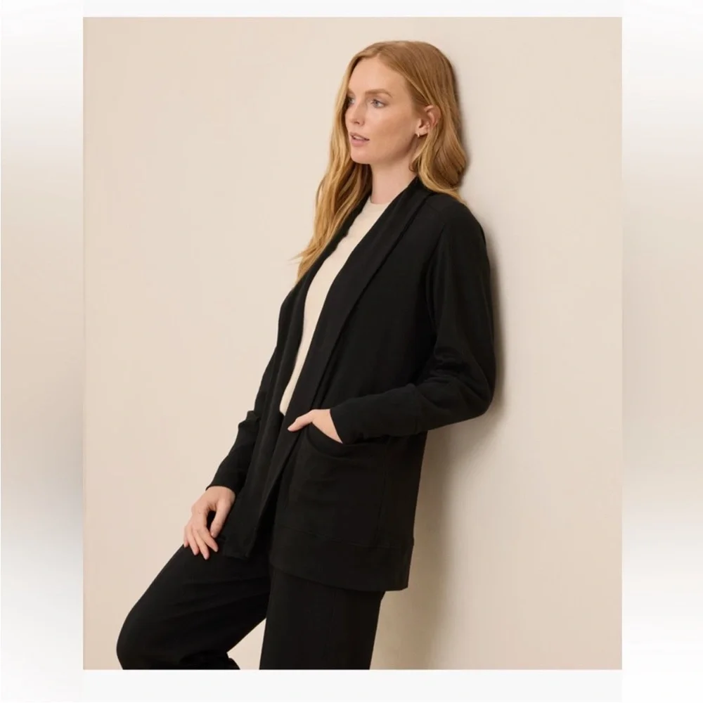 PACT Organic Cotton Airplane Wrap Cardigan Black Open Front Pockets‎ Capsule